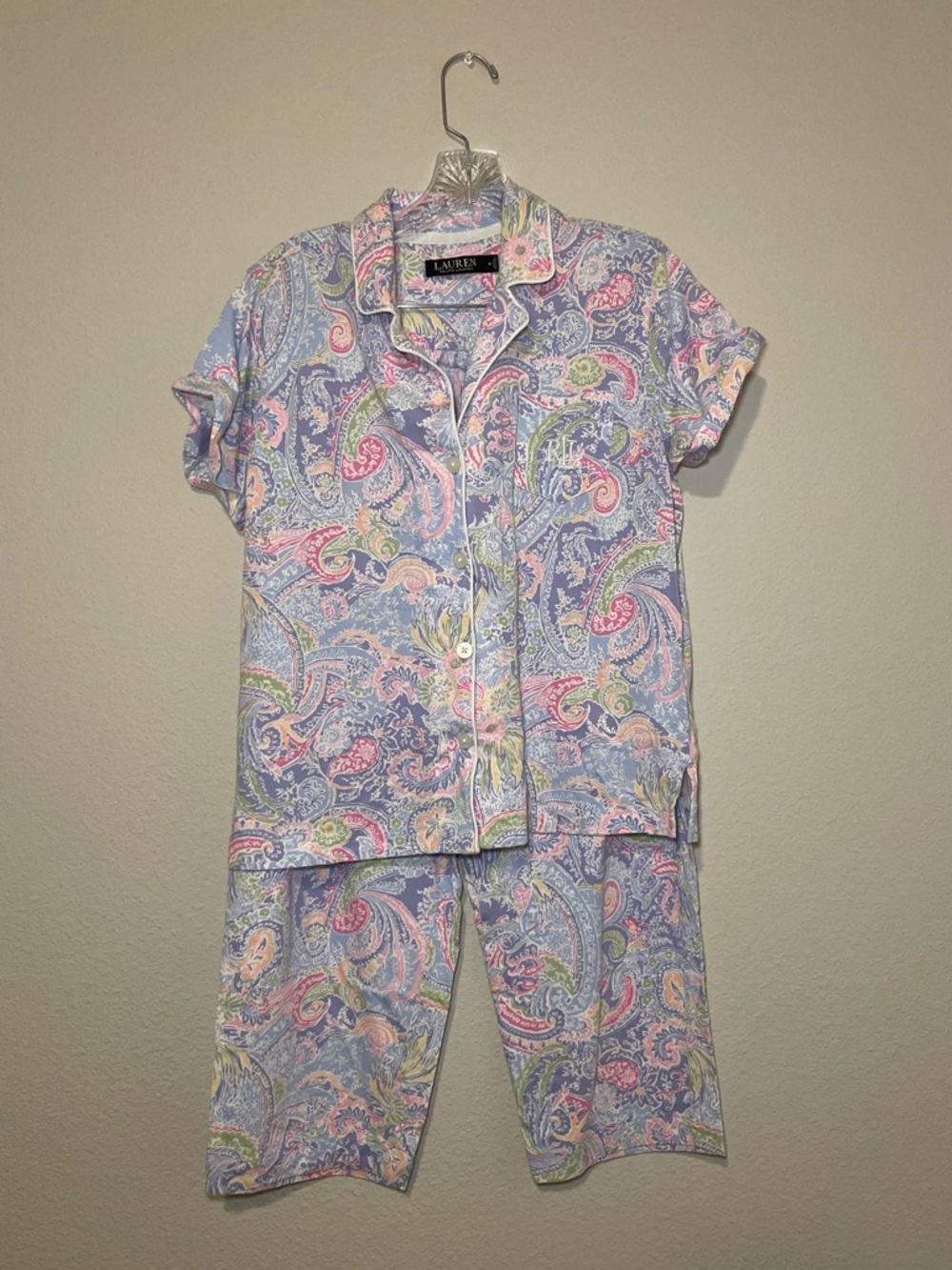 Women’s Lauren Ralph Lauren Pastel Paisley Short Sleeve Capri Pajama Set Sz M